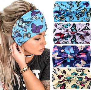 Elastic floral wide headband with butterfly print for yoga sports and fitness fashion