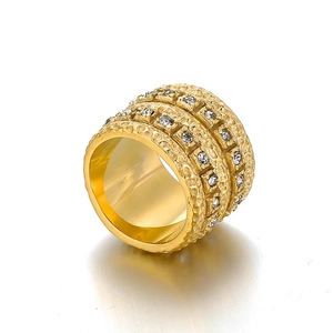 Golden stainless steel wide band ring with hammered texture and double row crystal stones
