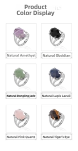 Detailed selection of natural gemstone rings featuring amethyst, obsidian and quartz stones
