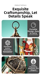 Macro view of retro Christmas music box featuring festive carving and detailed handle