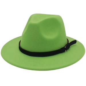 Detail of green wool felt fedora hat featuring a slim black leather band and gold buckle