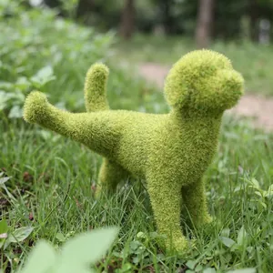 Flocced dog garden ornament with green moss texture for outdoor patio and lawn decoration