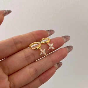 Elegant S925 sterling silver hoop earrings with clear marquise stone clover flower charms