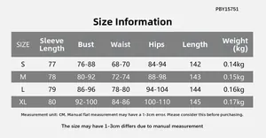 Size chart showing bust, waist, and hip measurements for women's long sleeve jumpsuit