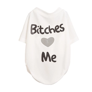 Detail of breathable mesh fabric showing Bitches Love Me print on white pet shirt
