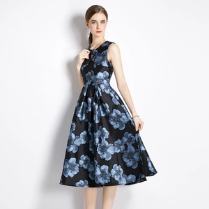 Slim fit sleeveless black dress with blue floral jacquard print and A-line waist