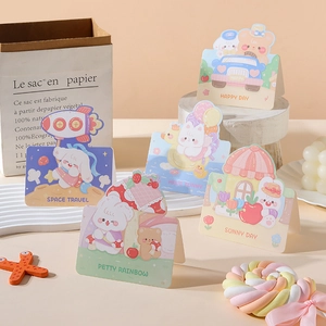 Detail of 3D cartoon animal greeting cards with cute bear and rabbit illustrations