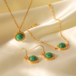 Malachite Jewelry Women Stainless Steel Gold Plated Retro Round Necklace Bracelet Earrings Hypoallergenic