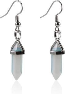 Detail of opal hexagonal prism pendants with silver hooks and polished metal caps