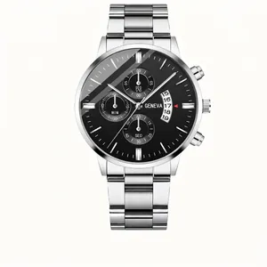 Men Business Fashion Quartz Watch Stainless Steel Leather Strap Luminous Calendar Analog Wristwatch Casual Round Clock