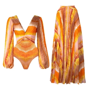V-neck long sleeve tie-dye bodysuit and matching pleated maxi skirt bohemian set