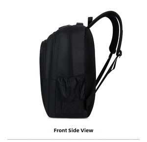 Detailed side view of black backpack with mesh pockets and multiple zipper compartments