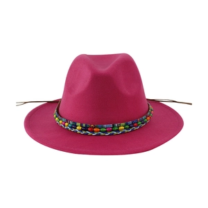 Ethnic rose red wool felt fedora hat with colorful beads and braided trim decoration