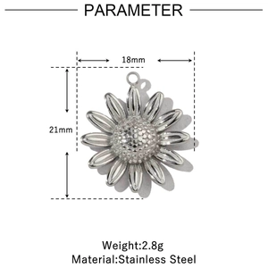 Detailed size chart of a 21mm silver daisy pendant made of durable stainless steel