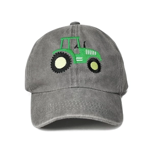 Dark grey washed cotton baseball cap featuring green tractor embroidery in vintage style