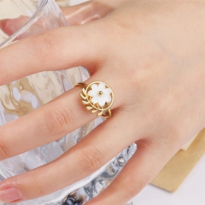 18K gold plated stainless steel floral open ring with white flower petal and leaf design