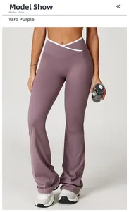 Detail der taro-lila Yogahose mit hohem V-Cross-Bund und weißen Kontrastpaspeln am Bein