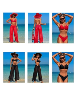 Detailed three-piece bikini set with sheer mesh trousers in red and black colors