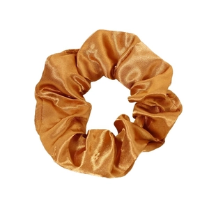 Golden brown satin silk scrunchie with soft pleats and elegant glossy finish