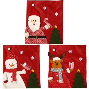3-pack Christmas chair covers with Santa, Snowman, and Reindeer in red festive designs