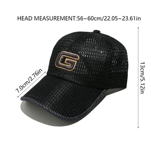 Detail view of black mesh baseball cap with G logo embroidery and dimensions display