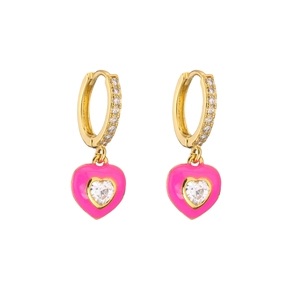 Detail of gold heart earrings with pink enamel, micro zircons, and centered heart stone