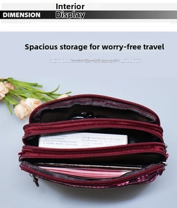 Detailed top view of wine red nylon crossbody bag showing three zipper compartments
