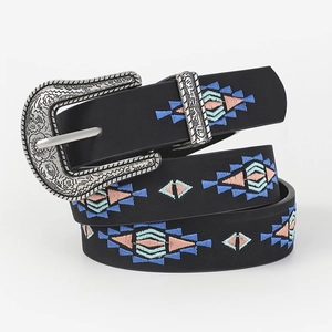 Detailed view of black belt featuring colorful floral embroidery and engraved silver buckle