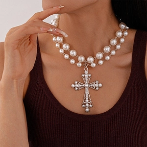 Double Layer Faux Artificial Pearl Necklace With Hollow Cross Pendant Alloy Rhinestone Vintage Baroque Jewelry For Women