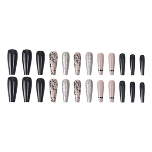 Nude ballet long press-on nails set with glitter leaf patterns and golden leaf foil flakes