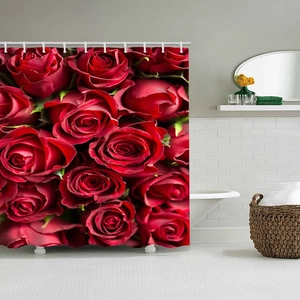 Detail of red rose floral shower curtain with waterproof fabric and white C-type hooks