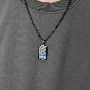 Men's vintage bark texture dog tag necklace with blue stripe and inlaid crystal detail
