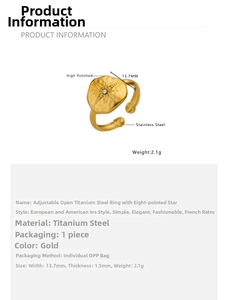Detailed view of 18k gold plated eight-pointed star ring with 13.7mm width and dimensions