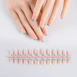 Detailed set of 24 nude pink French press-on nails with light blue tips on white background