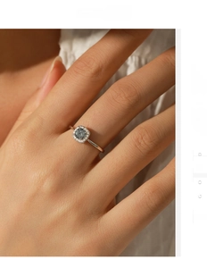 Detailed view of an S925 silver ring featuring a halo-set grey moissanite stone