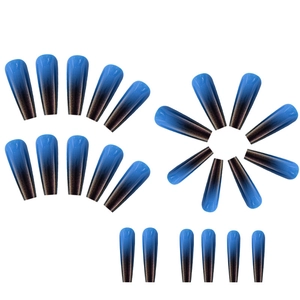 24pcs long coffin gradient blue and black cat eye false nails set on white background