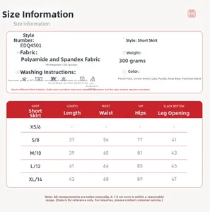 Size chart for yoga skirt sets showing fabric composition and detailed measurements