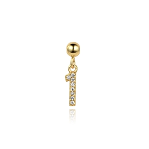 Detail of gold S925 silver number 1 charm with inlaid sparkling crystals