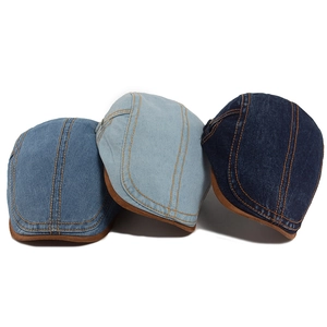 Three-piece retro denim flat cap set in blue shades with vintage orange stitching details