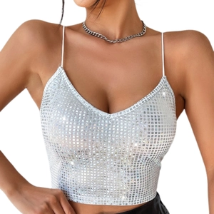 Silver sequin V-neck crop top with crisscross back for parties and clubwear