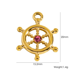 Detail of golden ship rudder pendant with pink gem and 15.2x20mm size dimensions