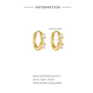 Macro detail of gold 925 sterling silver opal hoop earrings with 0.9cm inner diameter