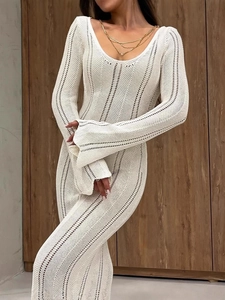 Elegant V Neck Knit Maxi Dress Flare Long Sleeve Hollow Out Crochet Slim Fit Bodycon Solid White Long Dress For Women