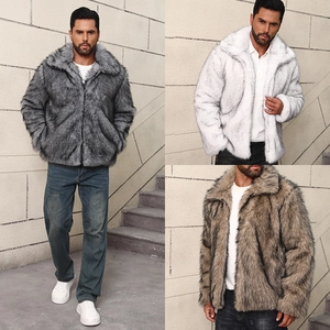 Men Faux Fur Jacket Winter Warm Thick Plush Lapel Collar Casual Outerwear Fashion Coat