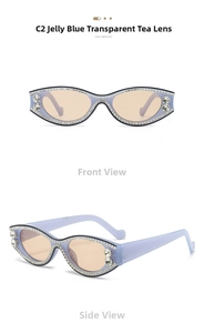 Detail view of oval cat-eye sunglasses with blue jelly frames and sparkling rhinestones