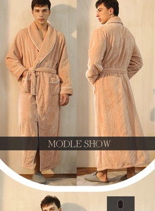 Detailed front and back view of long thick flannel bathrobe with stylish shawl collar