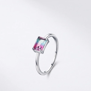 Elegant S925 sterling silver ring with rectangular gradient watermelon tourmaline stone