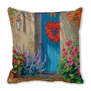 Detail of oil painting style pattern on square peach skin cushion cover with floral door