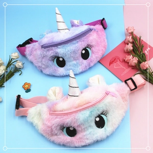 Cute unicorn plush shoulder bags for kids in gradient purple and pink pastel colors
