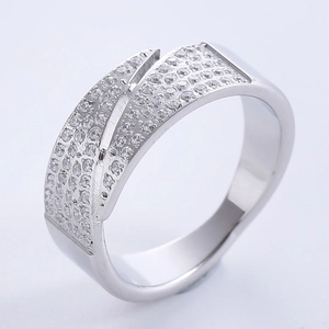Elegant wide band ring featuring rows of sparkling cubic zirconia in white gold finish